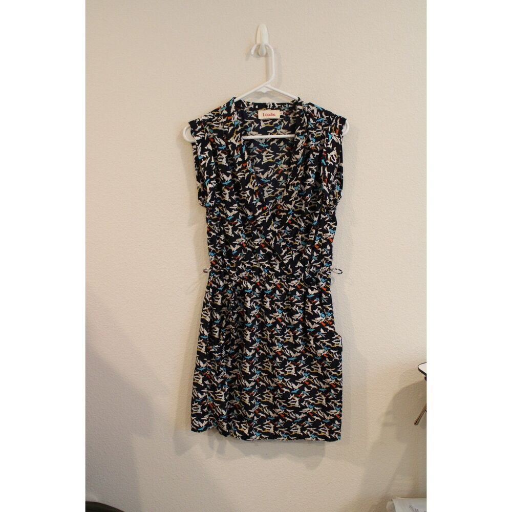 Louche navy blue zaza bird diress mini sleeveless surplice front size 12